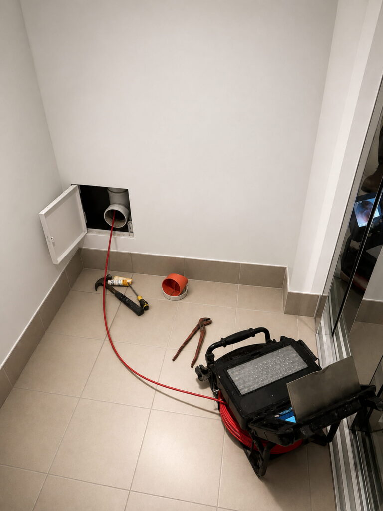 Specialized CCTV drain camera equipment set up for internal pipe locating and blocked drain inspections in Moreton Bay.